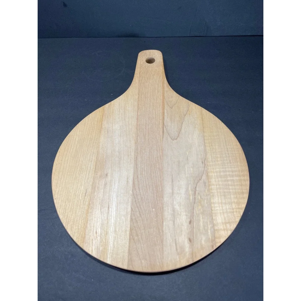 Vintage Southern Hardwood Round Wooden Cutting Board Paddle Handle 13.5 Inch